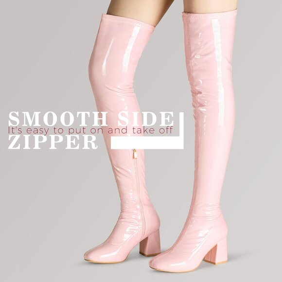 Women Pink Patent Leather PU Chunky Heel Over The Knee Square Toe Long Boot - Picture 4 of 7